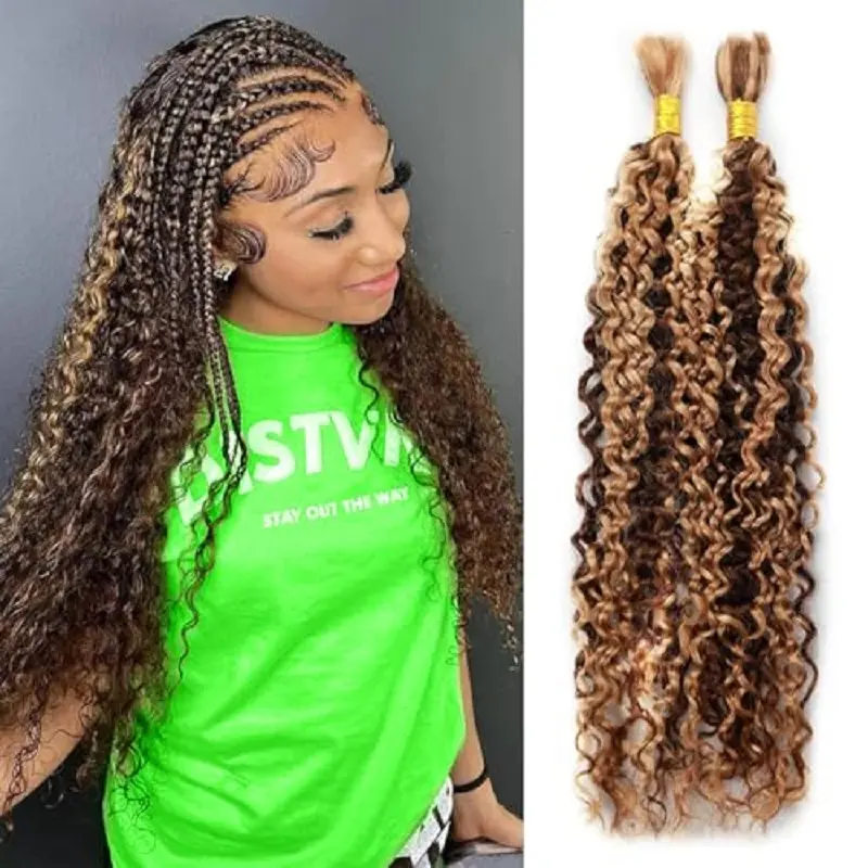 Human Braiding Hair 3 Bundle 20 Inch Human Hair Bundles for Braiding Highlight P4/27 Color Deep Wave Bulk Human Hair Bundles