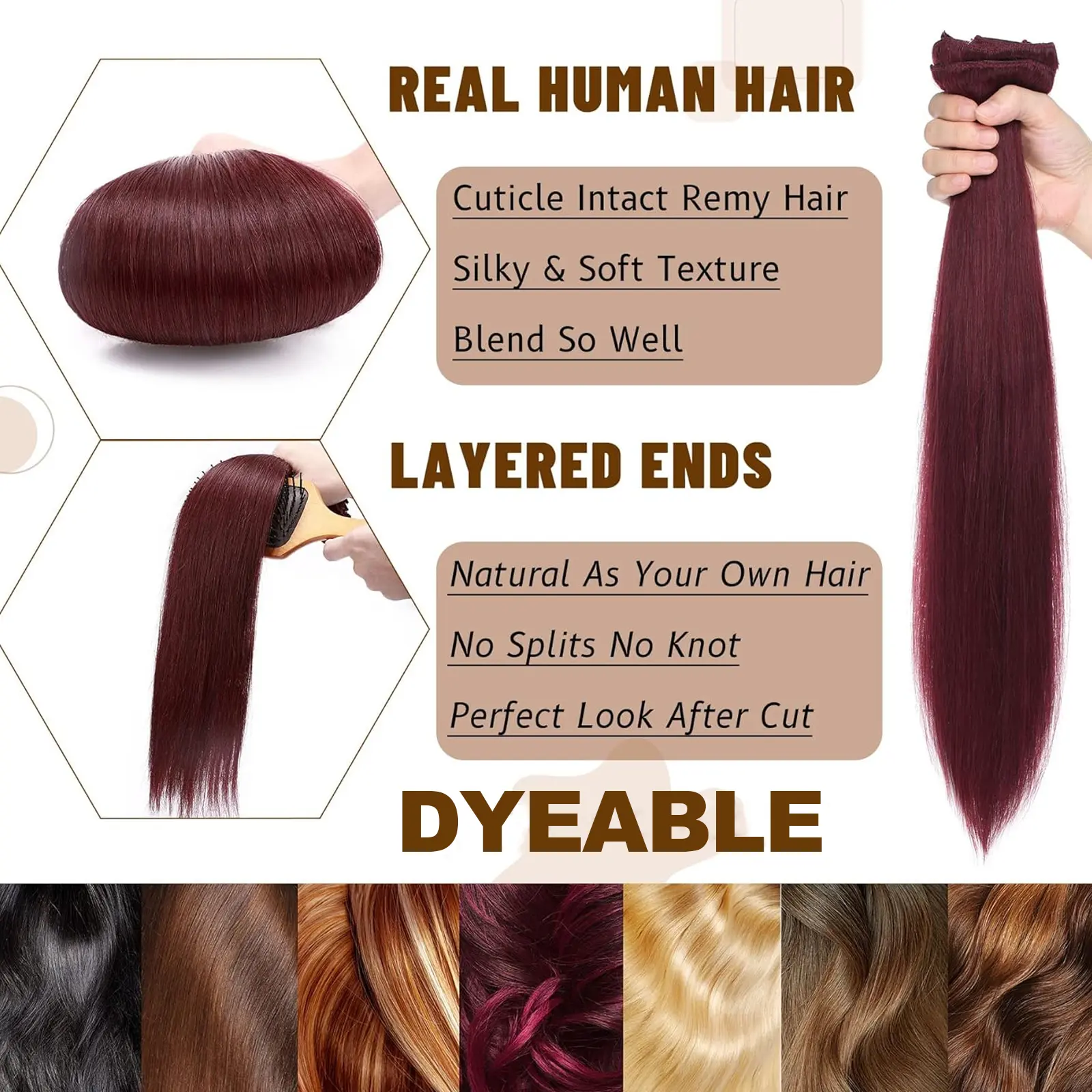 100% Real Hair Clip In Hair Extensions 8Pcs #99J Straight Lace Clip In Human Extensions Hair For Women