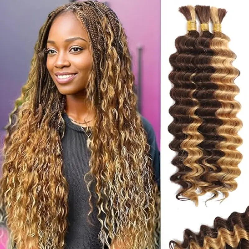 Human Braiding Hair 3 Bundle 20 Inch Human Hair Bundles for Braiding Highlight P4/27 Color Deep Wave Bulk Human Hair Bundles