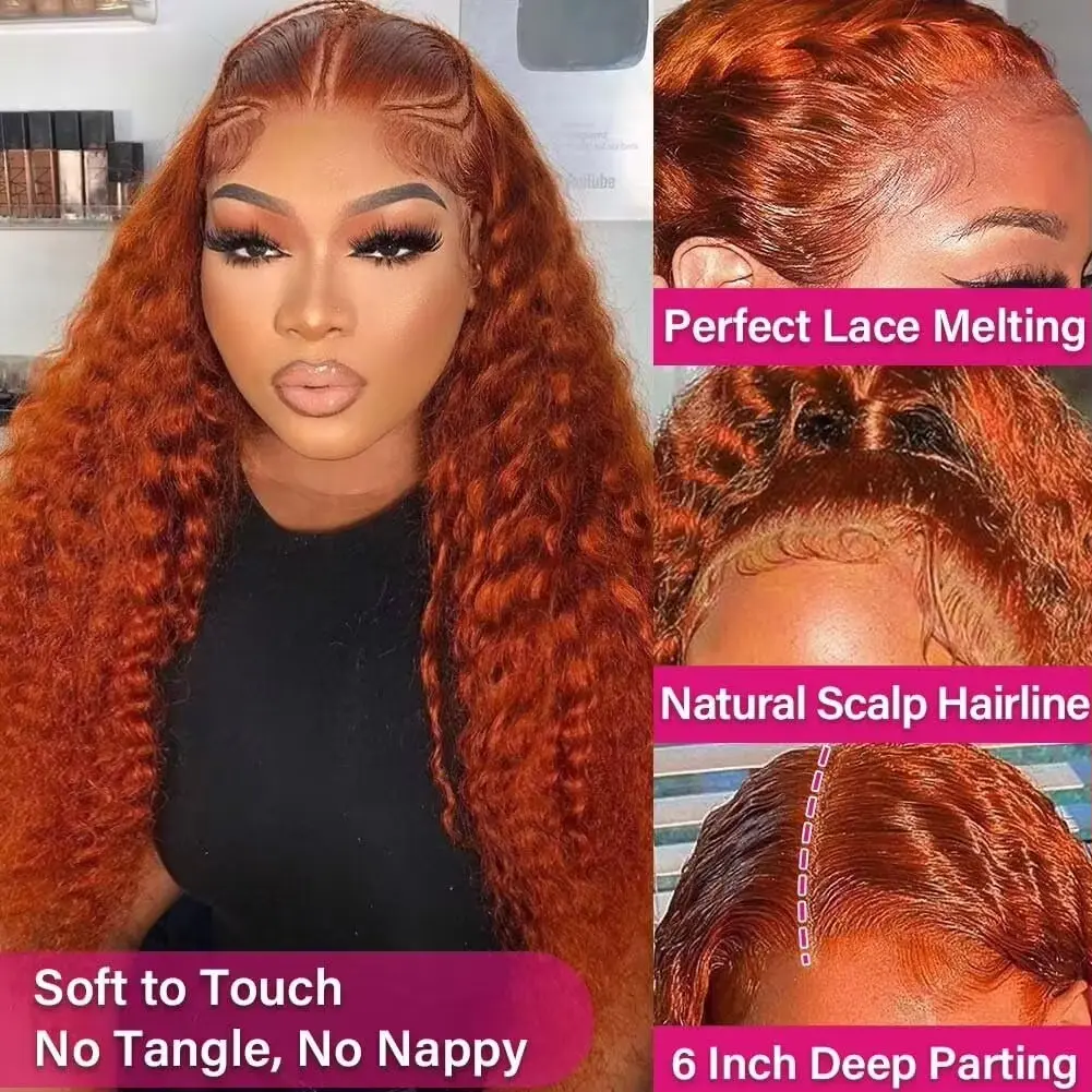 250% Density 13x4 Curly Orange Ginger Human Hair Wig 13x6 Transparent HD Deep Wave Lace Front Frontal  Human Hair Pre Plucked