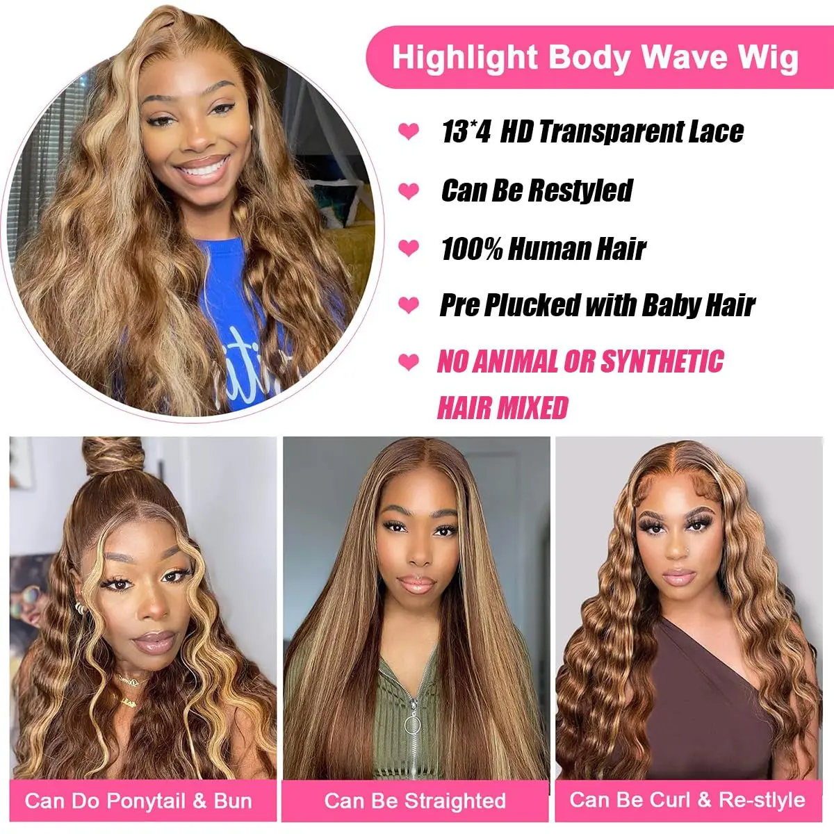 Highlight Ombre Lace Front Wigs Human Hair 13x4 Body Wave Frontal Wigs Human Hair 180% Density 4/27 Honey Blonde Lace Front Wig