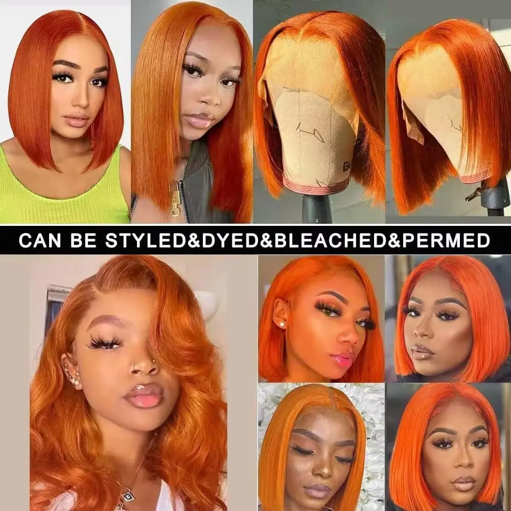 10 Inch Ginger Orange Straight Bob 13x6 HD Lace Front Wig Human Hair 180 Density Short Bob Wigs Pre Plucked Natural Hairline Wig
