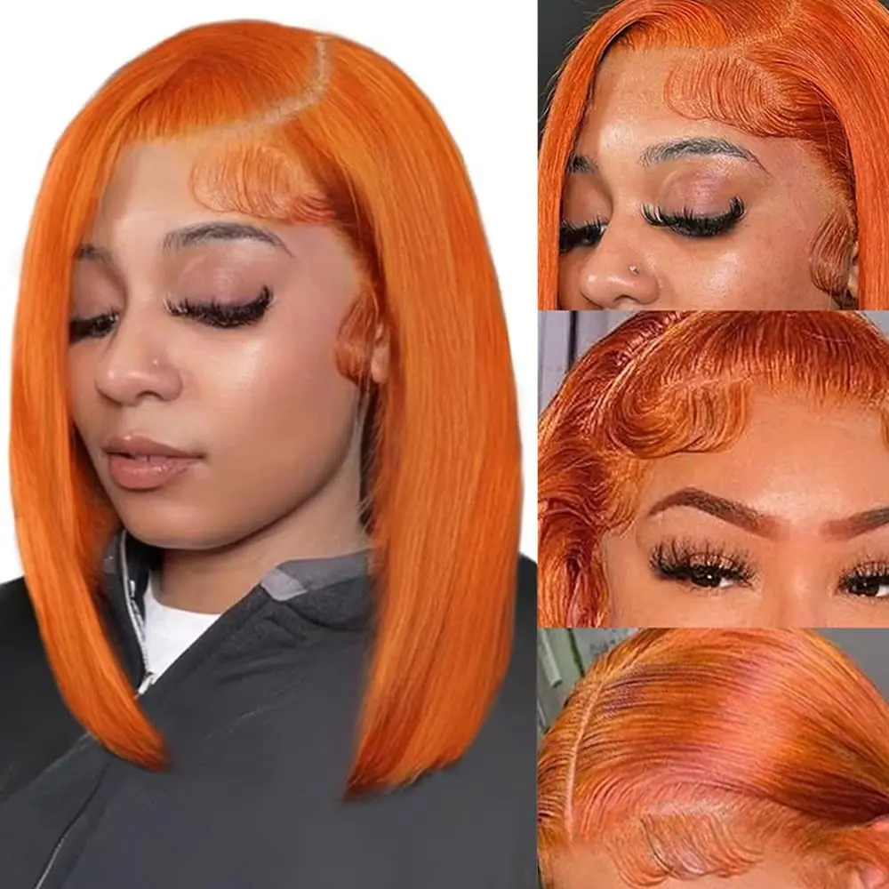 10 Inch Ginger Orange Straight Bob 13x6 HD Lace Front Wig Human Hair 180 Density Short Bob Wigs Pre Plucked Natural Hairline Wig