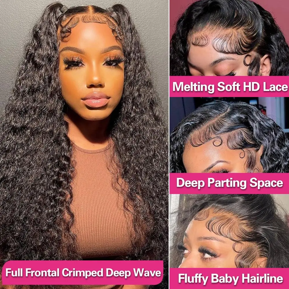 13x4 Deep Wave Lace Front Wigs Human Hair Pre Plucked 180 Density Transparent Wig Wet And Wavy Curly Glueless Wigs Natural Black