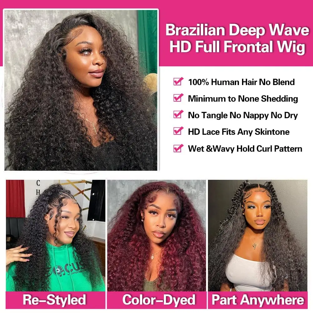 13x4 Deep Wave Lace Front Wigs Human Hair Pre Plucked 180 Density Transparent Wig Wet And Wavy Curly Glueless Wigs Natural Black