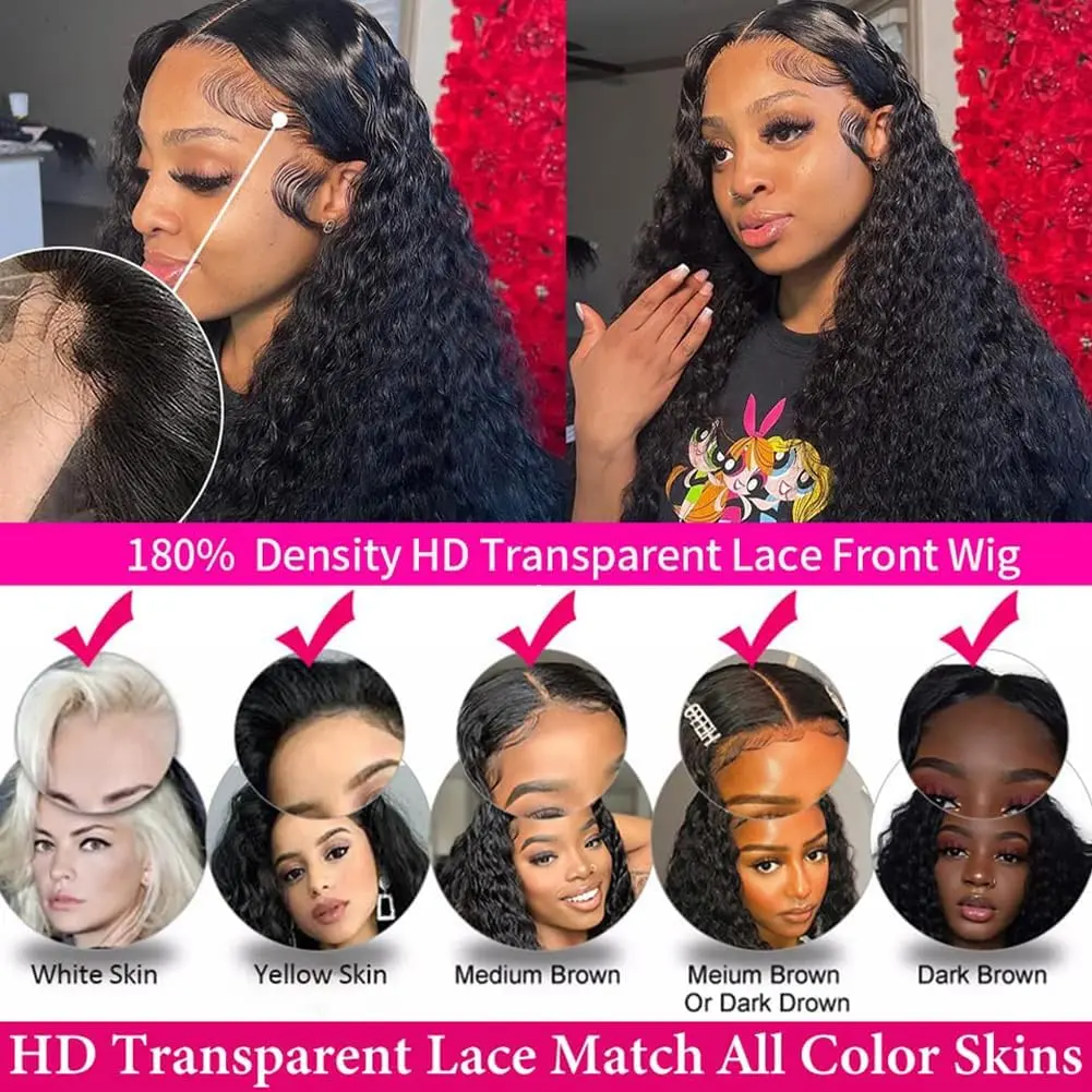 Natural Black Deep Wave Wigs Human Hair Deep Wave Frontal Wig Wet and Wavy Human Hair Glueless Curly Lace Front Wigs Human Hair