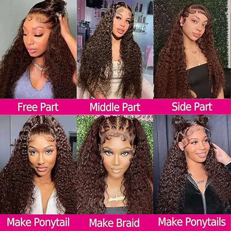 Lace Front Human Hair  Water Wave Brown Color Curly Lace Front Human Hair180% Brazilian Wigs Deep Wave 13x6 HD Lace Frontal