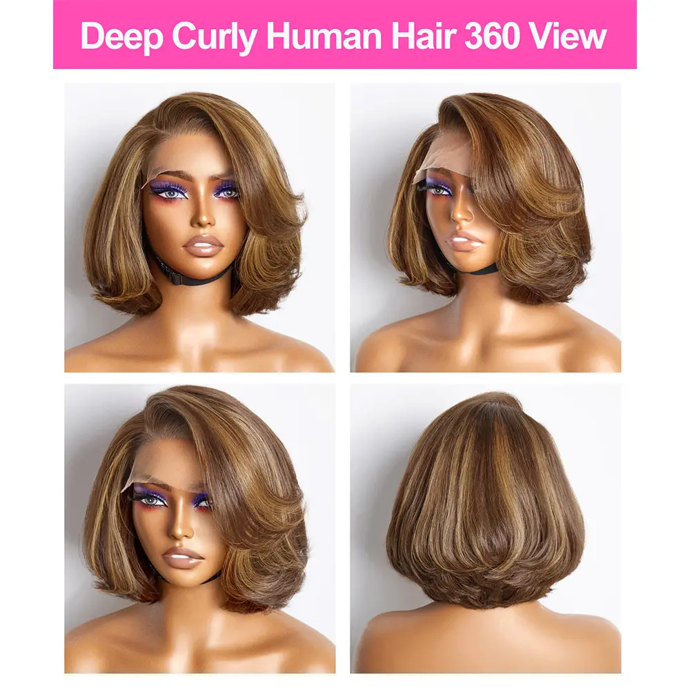 100% Human Hair Wigs Dark Brown Color Bob Water Wave 13x4 HD Lace Front Bob Wigs For women Deep Wave Human Hair Lace Frontal Wig