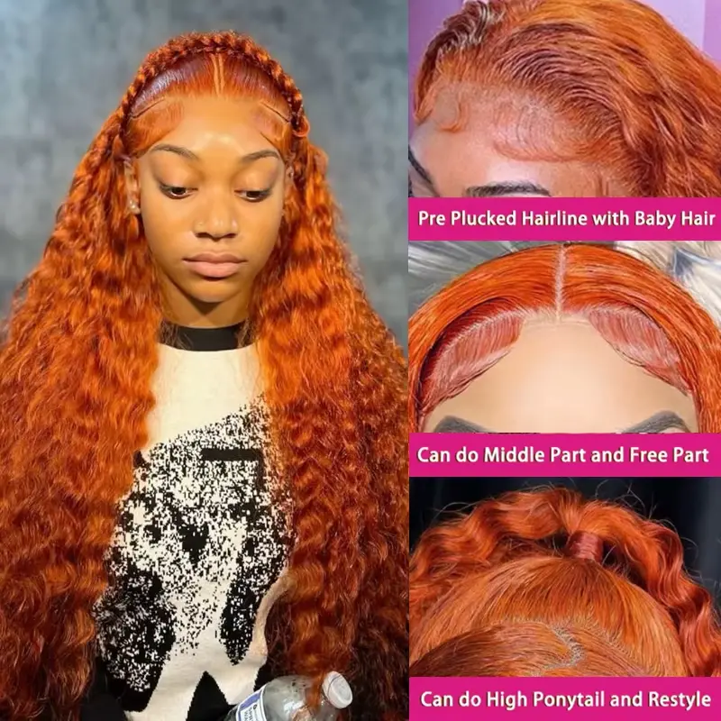 350# Ginger Orange HD Transparent Lace Front Human Hair Wigs 250% Density Deep Curly Wave Wig Human Hair 100% Real Human Hair