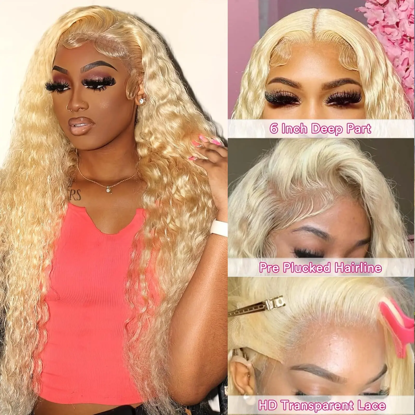 613 Lace Front Wig Human Hair 613 Blonde 210% Density Deep Wave 13x6 HD Transparent Lace Front Wig Human Hair Pre Plucked