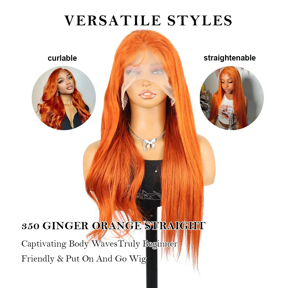 30Inch 350 Orange Ginger Straight Lace Front Wigs Human Hair Brazilian 13X6 HD Transparent Lace Frontal Wigs With Baby Hair