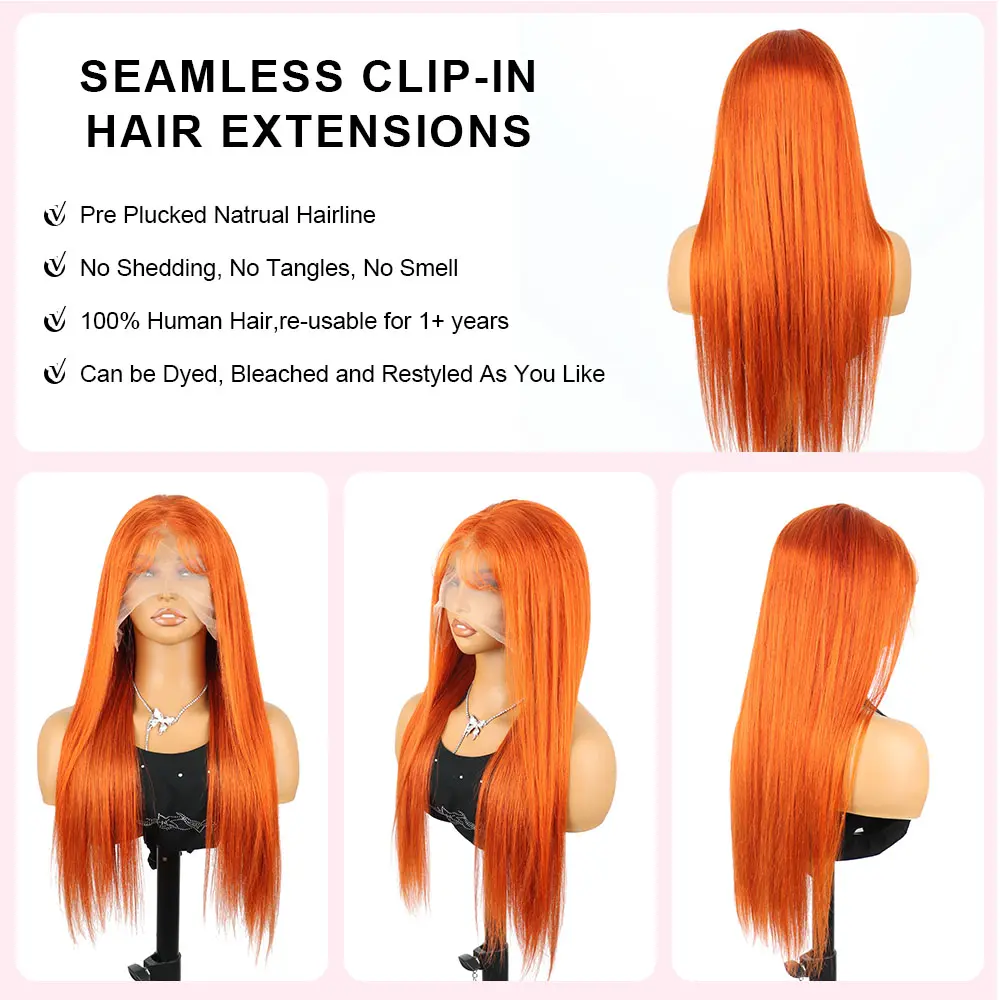 30Inch 350 Orange Ginger Straight Lace Front Wigs Human Hair Brazilian 13X6 HD Transparent Lace Frontal Wigs With Baby Hair