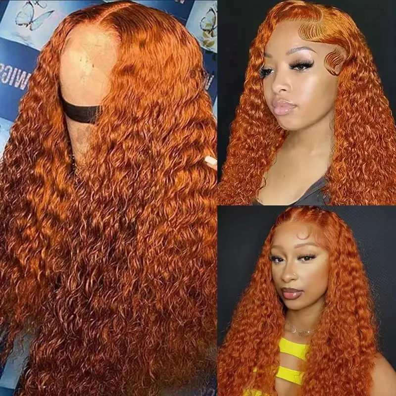 350# Ginger Orange HD Transparent Lace Front Human Hair Wigs 250% Density Deep Curly Wave Wig Human Hair 100% Real Human Hair