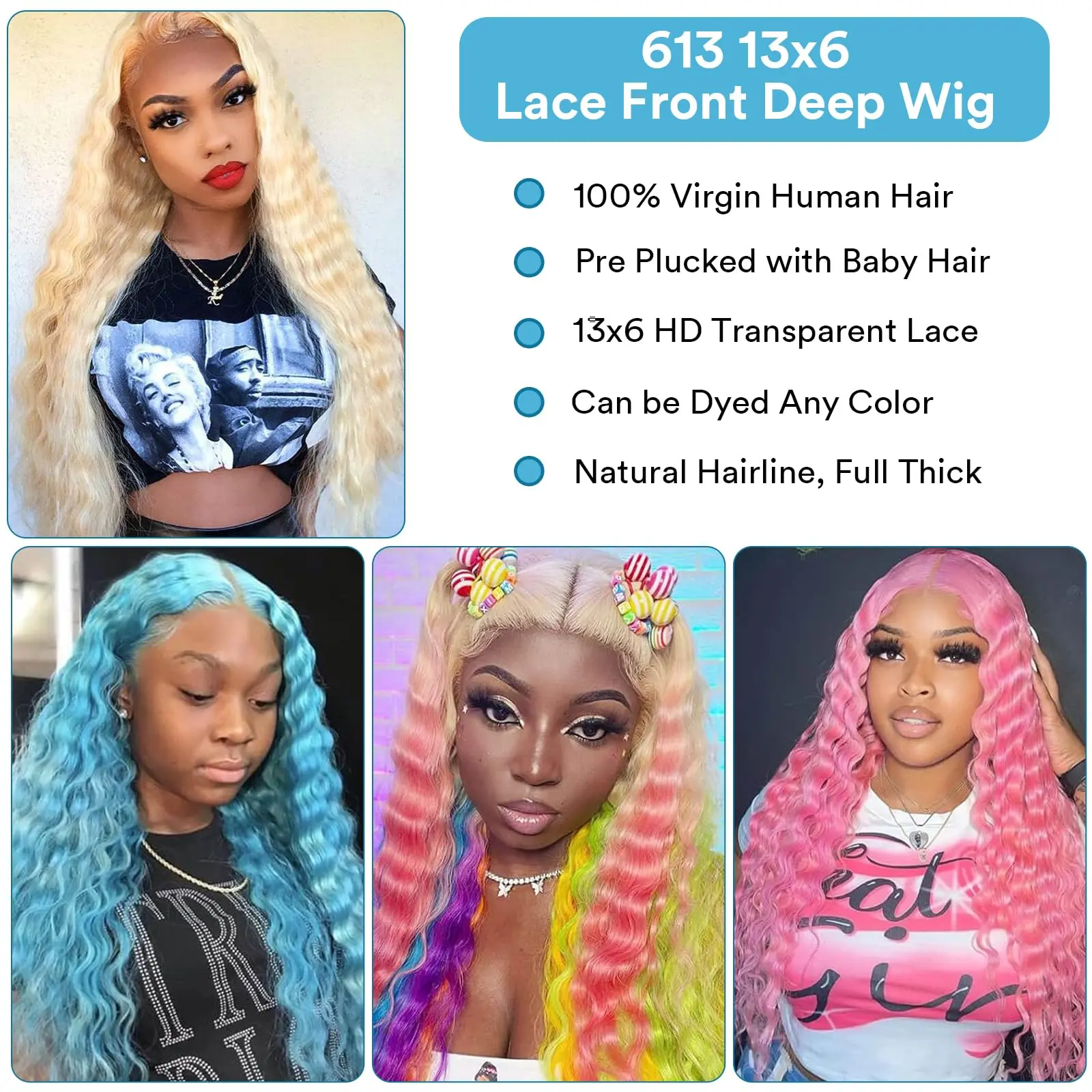 613 Lace Front Wig Human Hair 613 Blonde 210% Density Deep Wave 13x6 HD Transparent Lace Front Wig Human Hair Pre Plucked