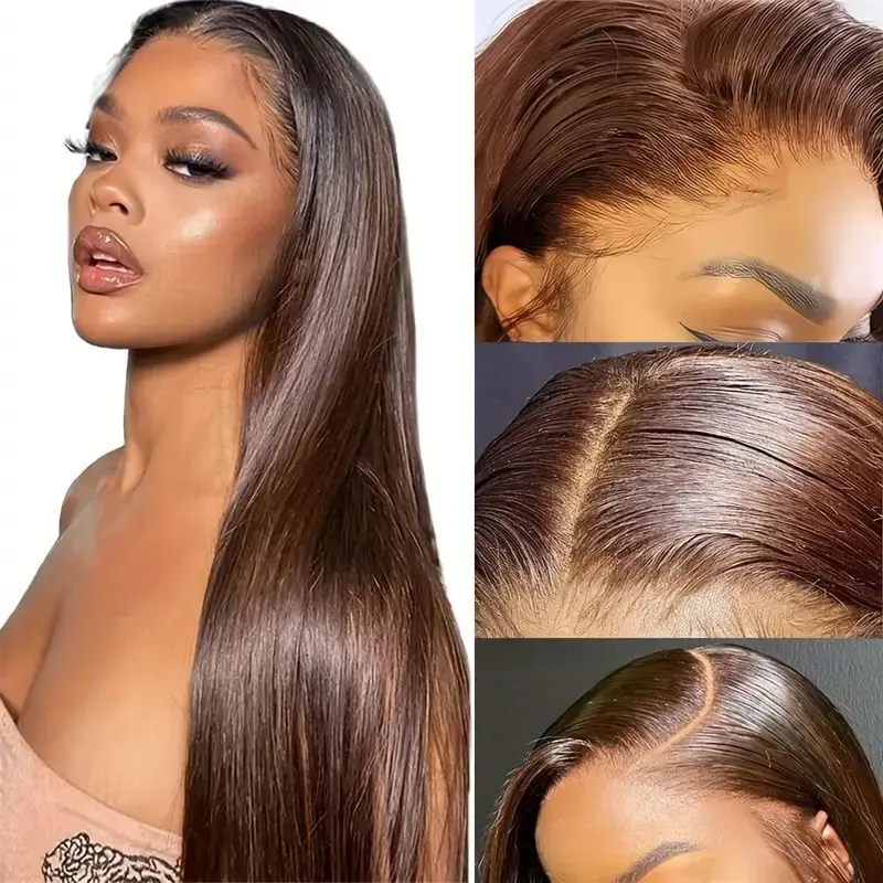 Chocolate Brown 13x6 Lace Front Wigs Human Hair 180% Density Straight Transparent Frontal Wigs Dark Brown Virgin Human Hair