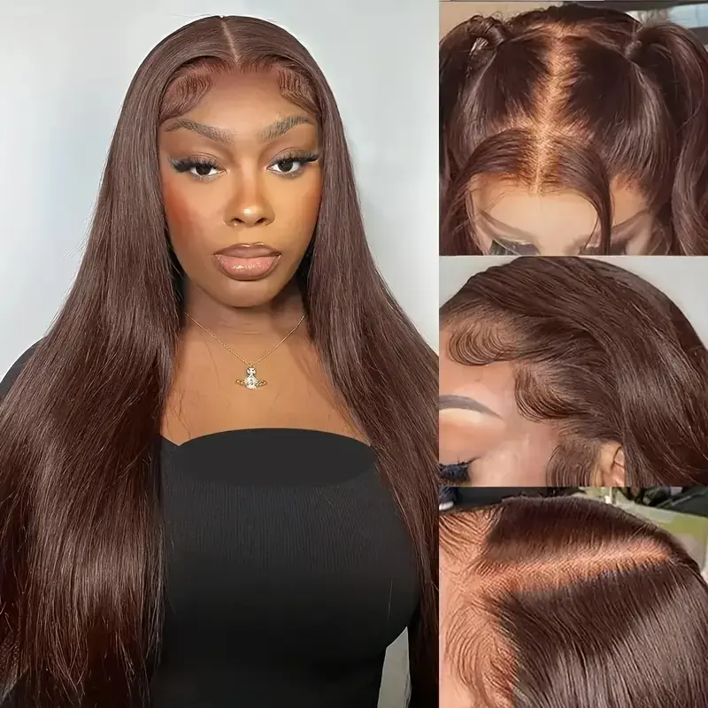 Chocolate Brown 13x6 Lace Front Wigs Human Hair 180% Density Straight Transparent Frontal Wigs Dark Brown Virgin Human Hair