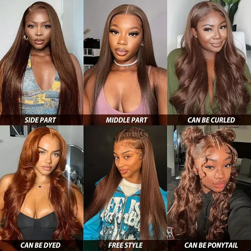 Chocolate Brown 13x6 Lace Front Wigs Human Hair 180% Density Straight Transparent Frontal Wigs Dark Brown Virgin Human Hair
