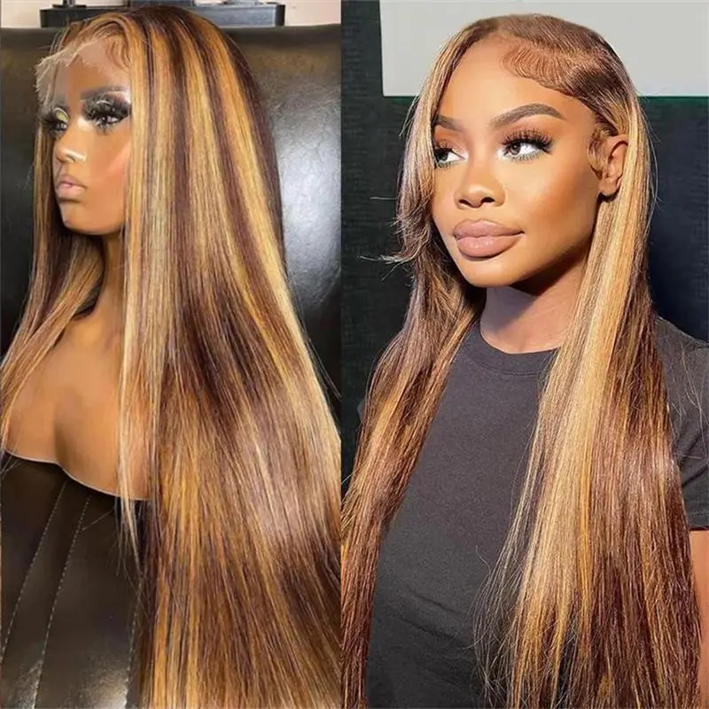Ombre Highlight Lace Front Wig Human Hair 13x6 HD Transparent Straight Lace Front Wigs Human Hair 250% #4/27 Colored T part