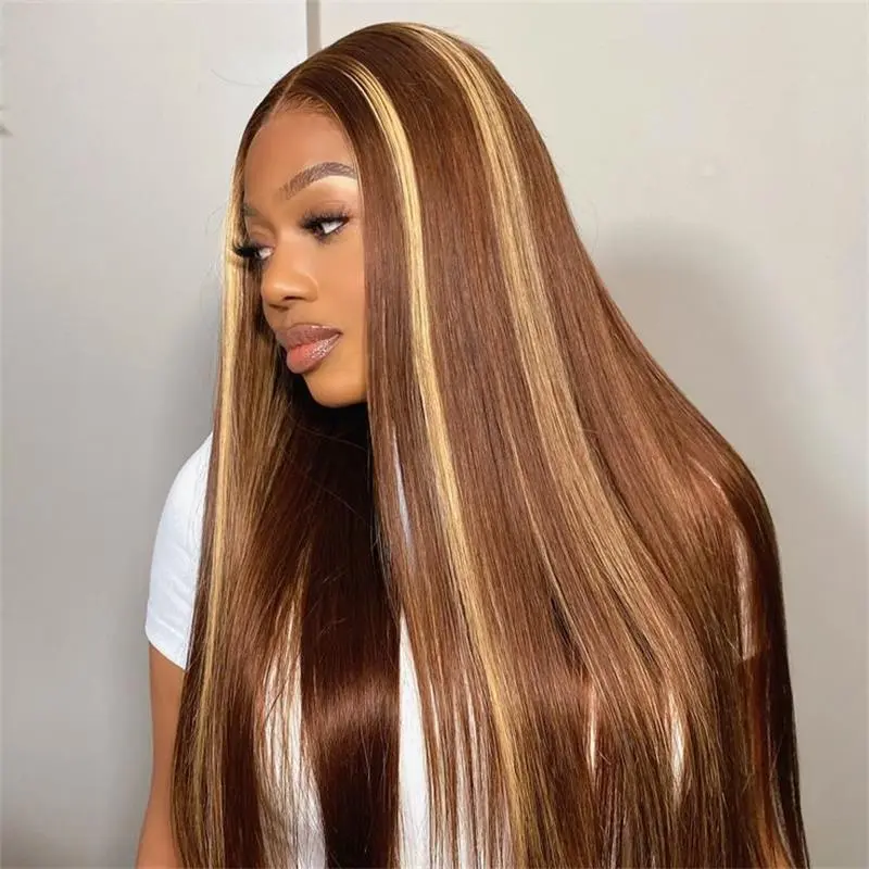 Ombre Highlight Lace Front Wig Human Hair 13x6 HD Transparent Straight Lace Front Wigs Human Hair 250% #4/27 Colored T part