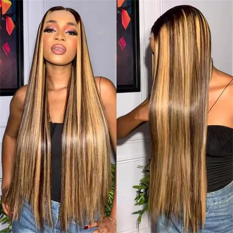 Ombre Highlight Lace Front Wig Human Hair 13x6 HD Transparent Straight Lace Front Wigs Human Hair 250% #4/27 Colored T part