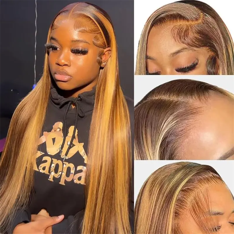 Ombre Highlight Lace Front Wig Human Hair 13x6 HD Transparent Straight Lace Front Wigs Human Hair 250% #4/27 Colored T part
