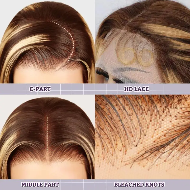 Ombre Highlight Lace Front Wig Human Hair 13x6 HD Transparent Straight Lace Front Wigs Human Hair 250% #4/27 Colored T part