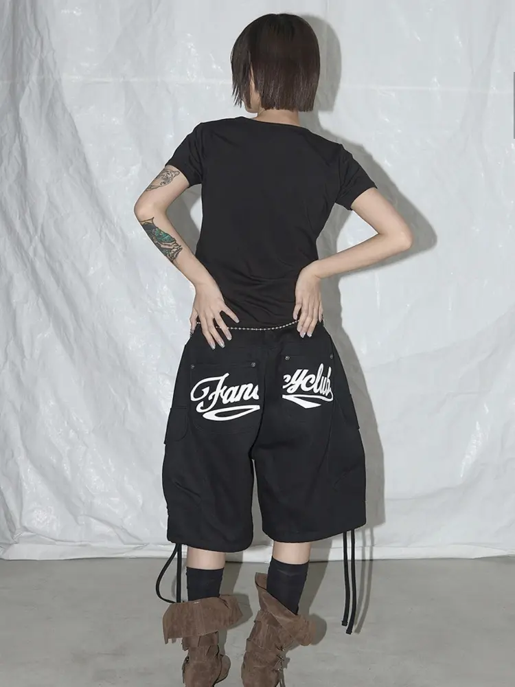 Street Sle Casual Loose orts with ket And Belted Camouflage Letter Print Workwear Five-Quarter High Waist Wide Leg Pants