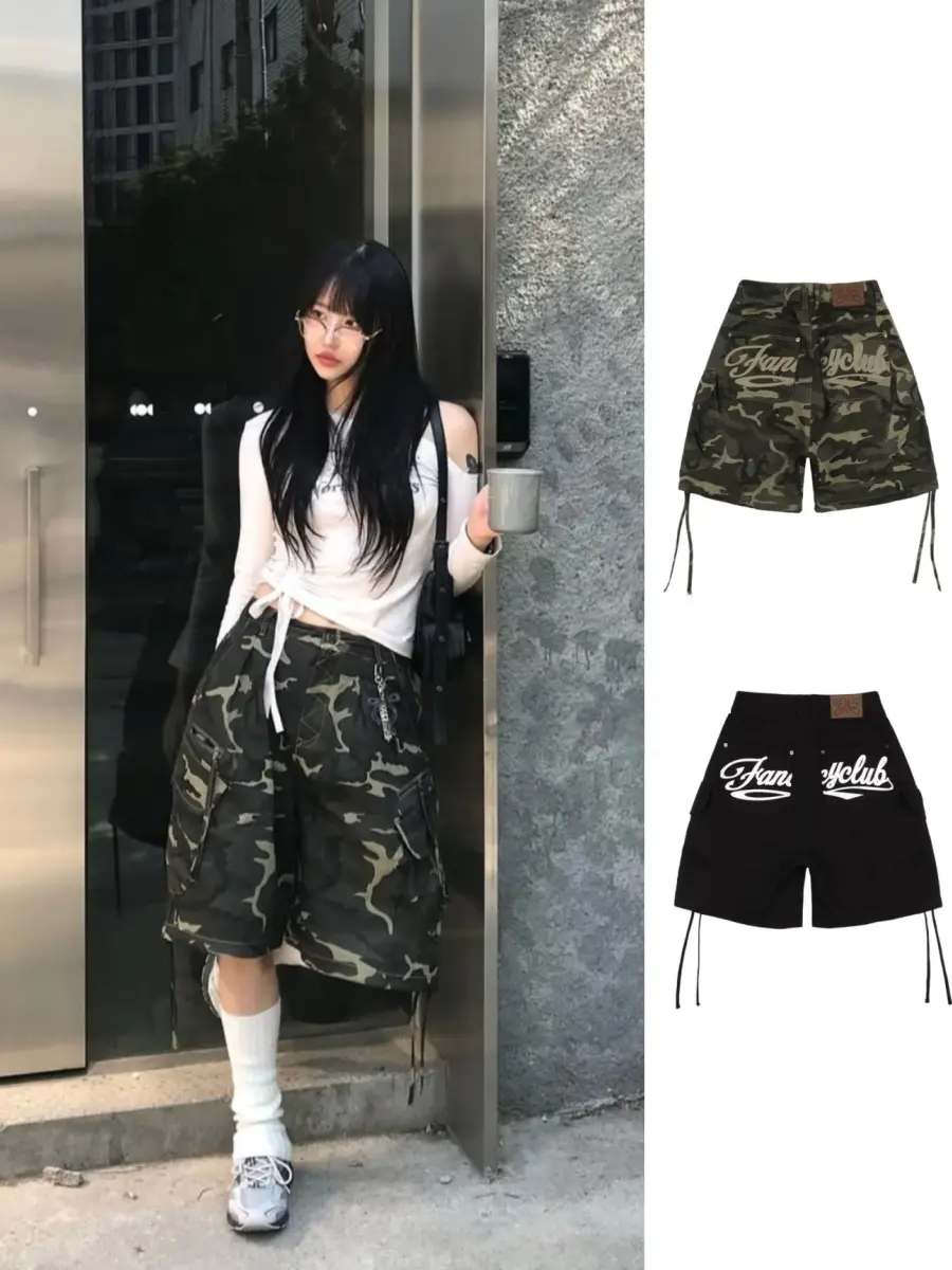 Street Sle Casual Loose orts with ket And Belted Camouflage Letter Print Workwear Five-Quarter High Waist Wide Leg Pants
