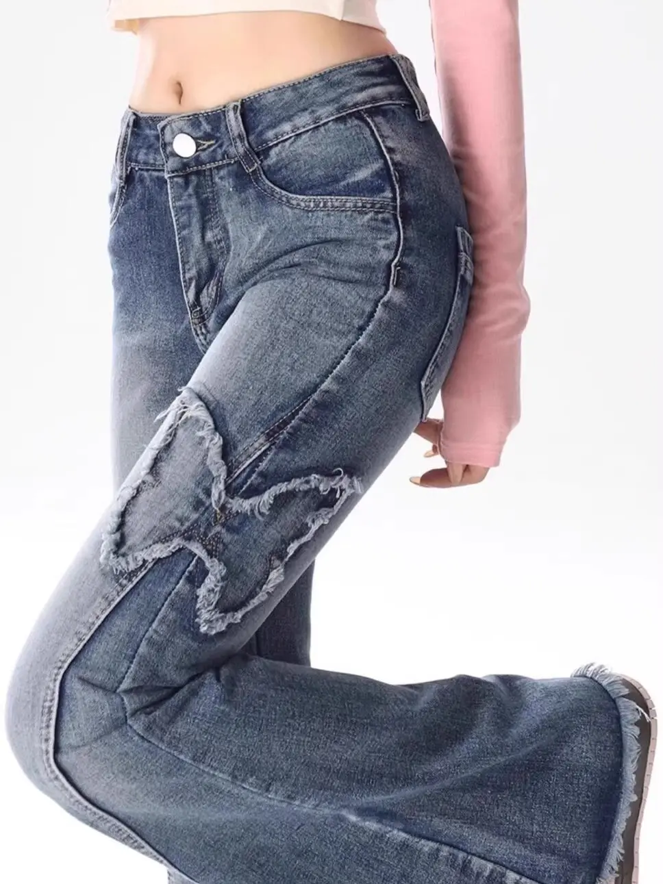 Summer New Vintage  Splicing Micro Flared Denim Jeans Women plus Size High Waist Loose Slimming Frayed Pants