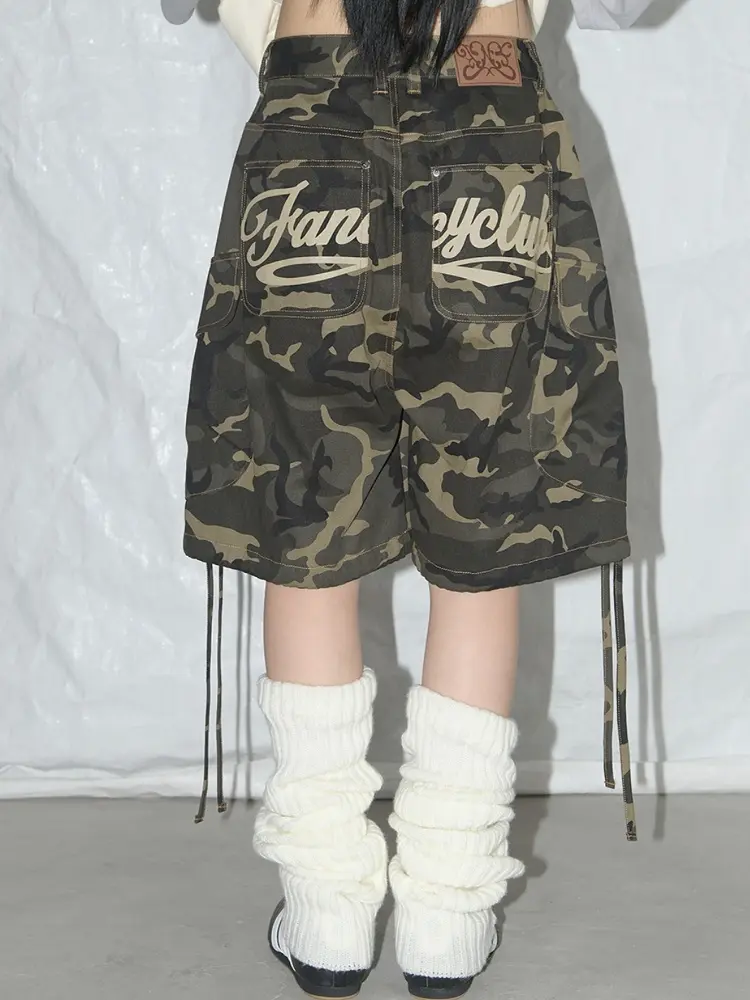 Street Sle Casual Loose orts with ket And Belted Camouflage Letter Print Workwear Five-Quarter High Waist Wide Leg Pants