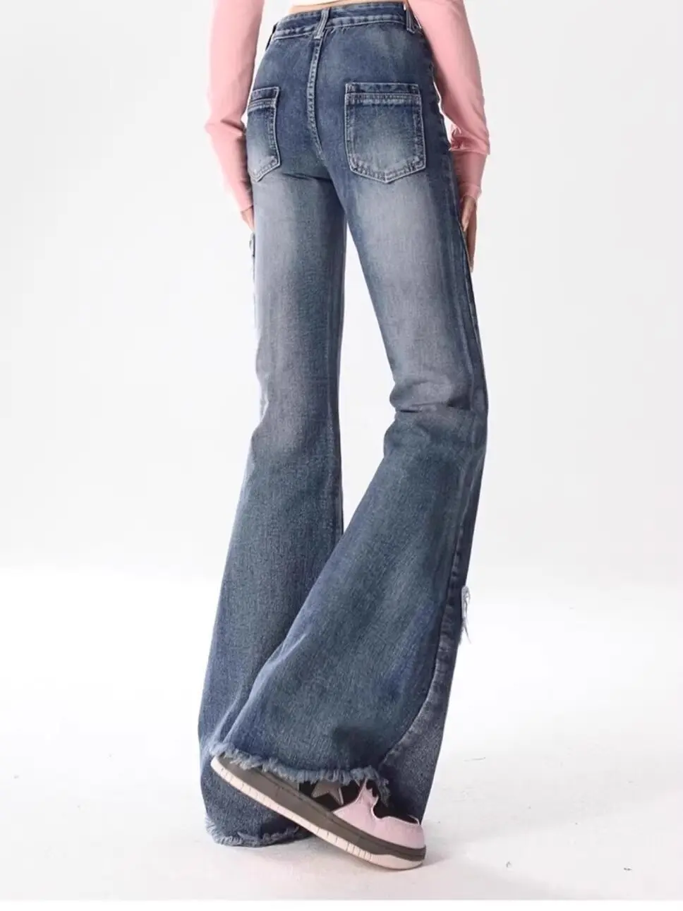 Summer New Vintage  Splicing Micro Flared Denim Jeans Women plus Size High Waist Loose Slimming Frayed Pants