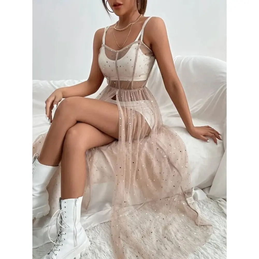 Combhasaki Women Sexy Sleeveless Cover Up Long Dress Thin Straps Square Neck Beach Holiday Sequined Front Split Midi Beach Smock