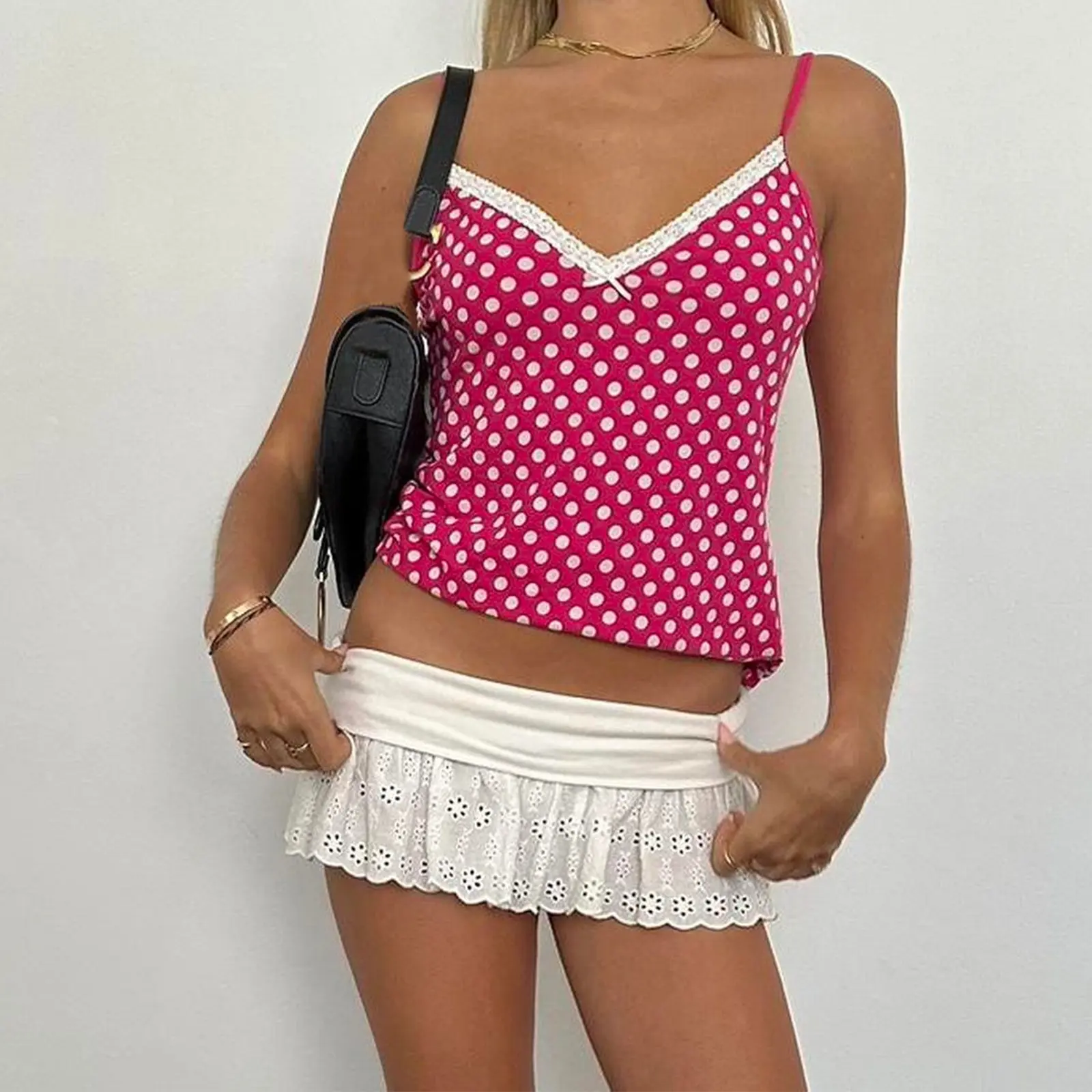 Combhasaki Women Summer Y2K Vintage Camisole Tank Tops Dots Print Sleeveless Lace Trimmed V Neck Bow Decor Backless Crop Vest