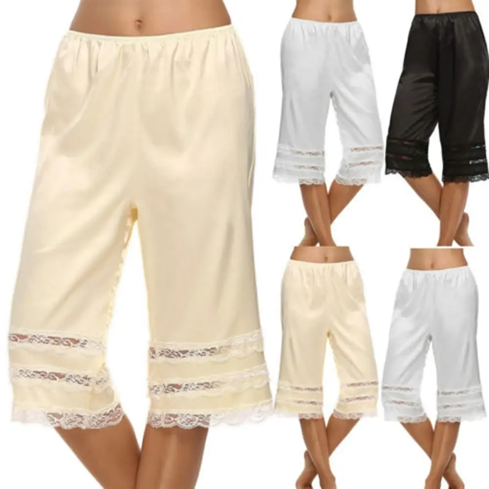 Combhasaki Women’s Summer Pajama Midi Pants Silky Lace Patchwork Loose Elastic High Waist Sleepwear Y2K Night Loungewear Bottoms