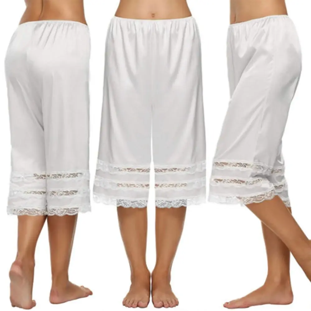 Combhasaki Women’s Summer Pajama Midi Pants Silky Lace Patchwork Loose Elastic High Waist Sleepwear Y2K Night Loungewear Bottoms