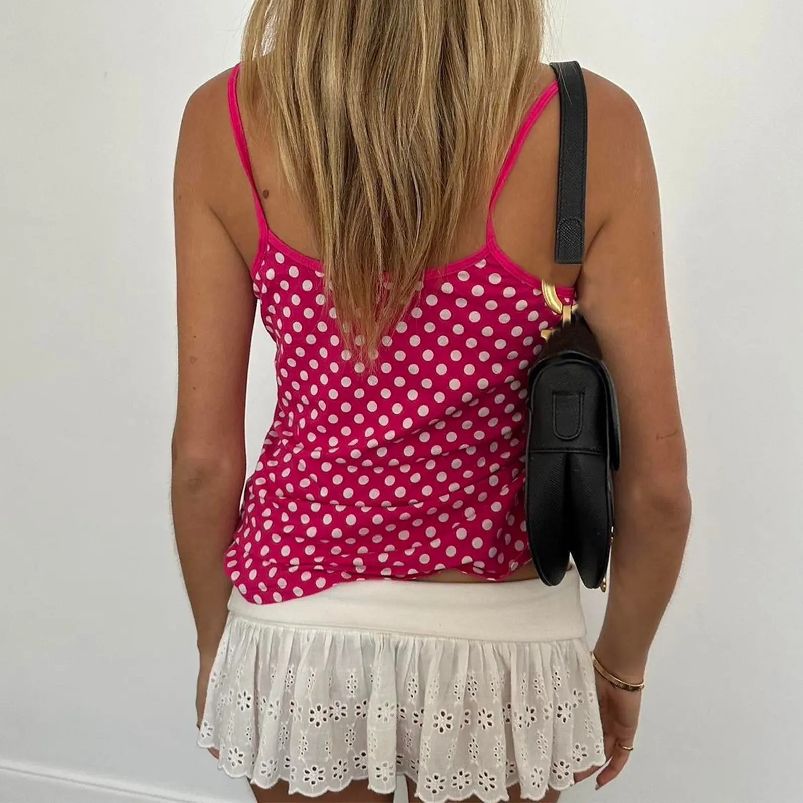 Combhasaki Women Summer Y2K Vintage Camisole Tank Tops Dots Print Sleeveless Lace Trimmed V Neck Bow Decor Backless Crop Vest