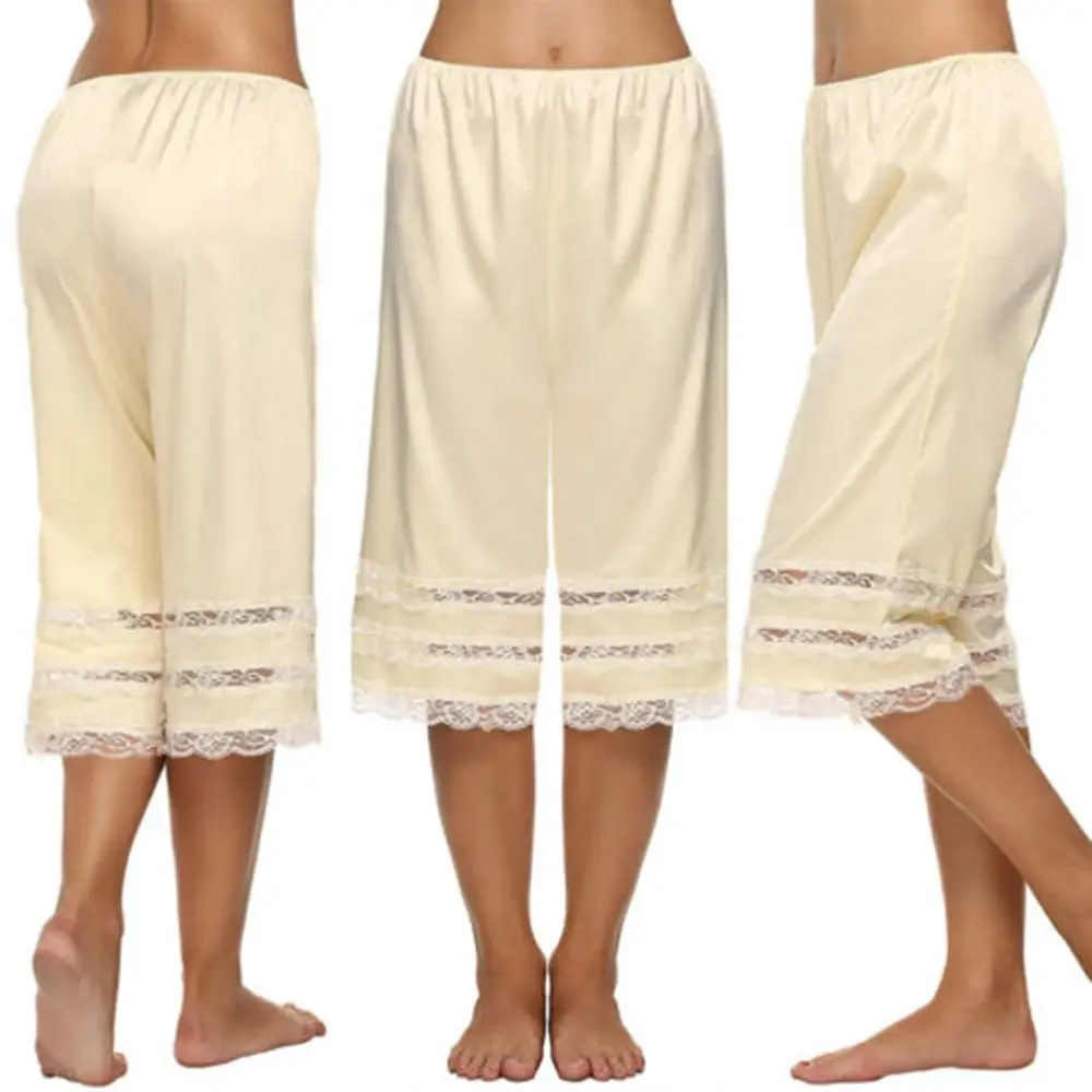 Combhasaki Women’s Summer Pajama Midi Pants Silky Lace Patchwork Loose Elastic High Waist Sleepwear Y2K Night Loungewear Bottoms