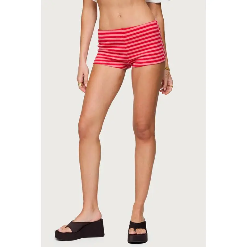 Combhasaki Women Summer Y2K Casual Striped Print Contrast Color Shorts Elastic Low Waist Bottoms Vacation Beach Club Streetwear