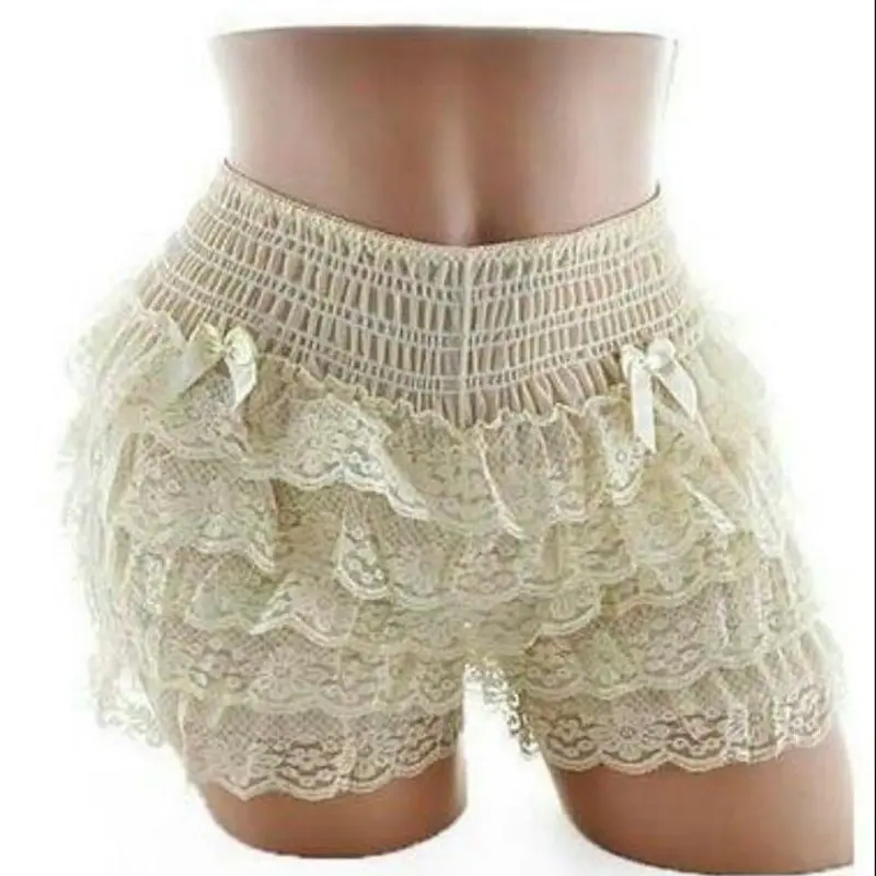 Combhasaki Women Y2K Floral Lace Coquette Slim Fit Shorts Smocked Elastic Waist Bow Decor Tiered Ruffled Layered Bodycon Bottoms
