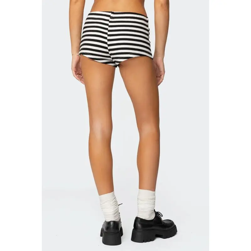 Combhasaki Women Summer Y2K Casual Striped Print Contrast Color Shorts Elastic Low Waist Bottoms Vacation Beach Club Streetwear