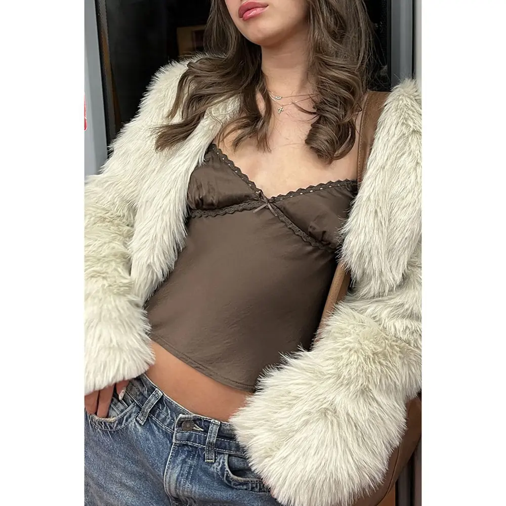 Combhasaki Women Y2K Adjustable Shoulder Straps Camisoles Lace Trim V-Neck Bow Decor Crop Tank Tops Summer Sleeveless Silky Vest