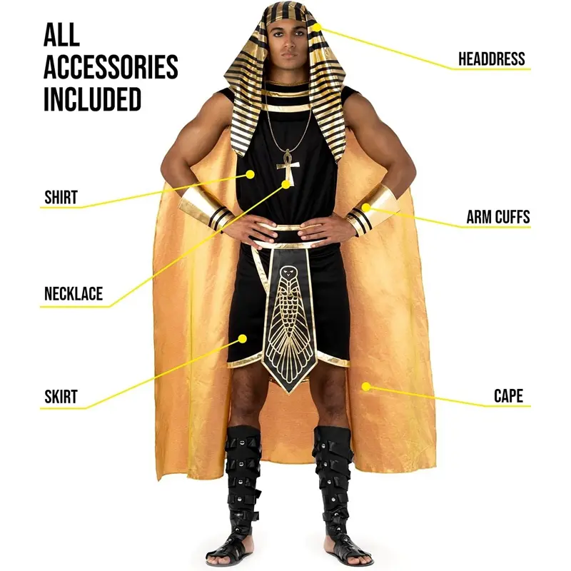 Combhasaki Men Egyptian Pharaoh Halloween Cosplay Outfits Jumpsuit + Cape + Belt + Hat + Wristbands King Tut Costume Set