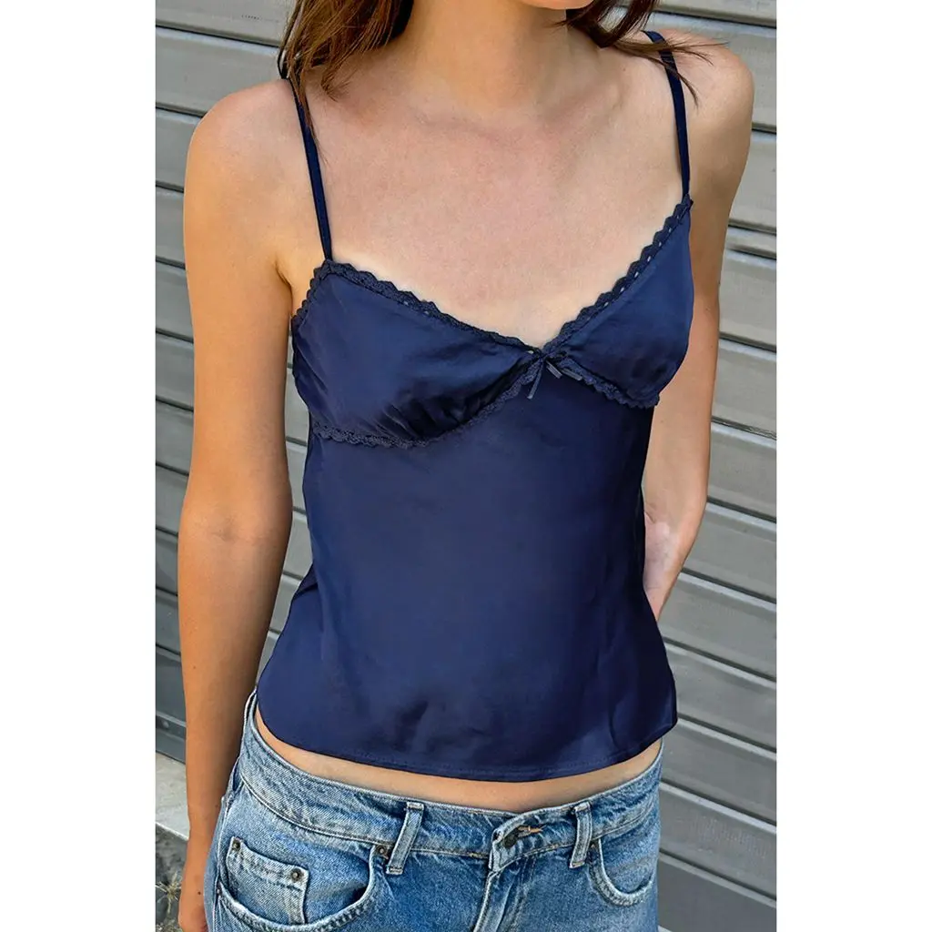 Combhasaki Women Y2K Adjustable Shoulder Straps Camisoles Lace Trim V-Neck Bow Decor Crop Tank Tops Summer Sleeveless Silky Vest