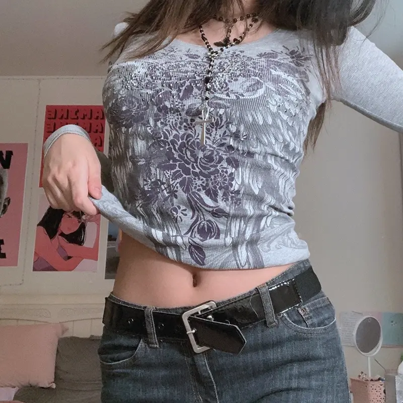 Combhasaki Women Y2K Vintage Grunge Skinny T-shirts Feather Wings Flower Print Rhinestone Rib Knit O Neck Long Sleeve Crop Tops