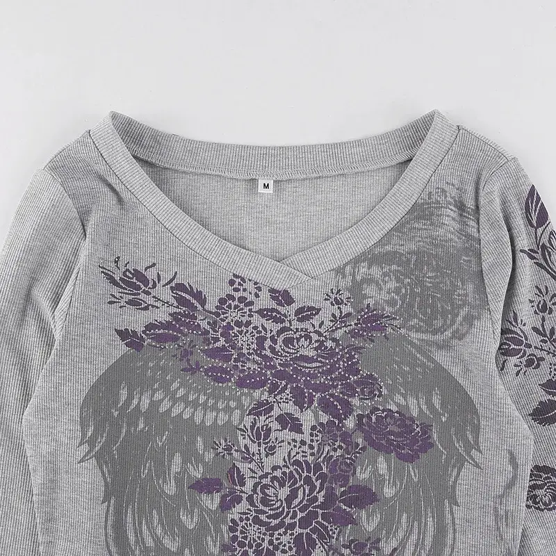 Combhasaki Women Y2K Vintage Grunge Skinny T-shirts Feather Wings Flower Print Rhinestone Rib Knit O Neck Long Sleeve Crop Tops