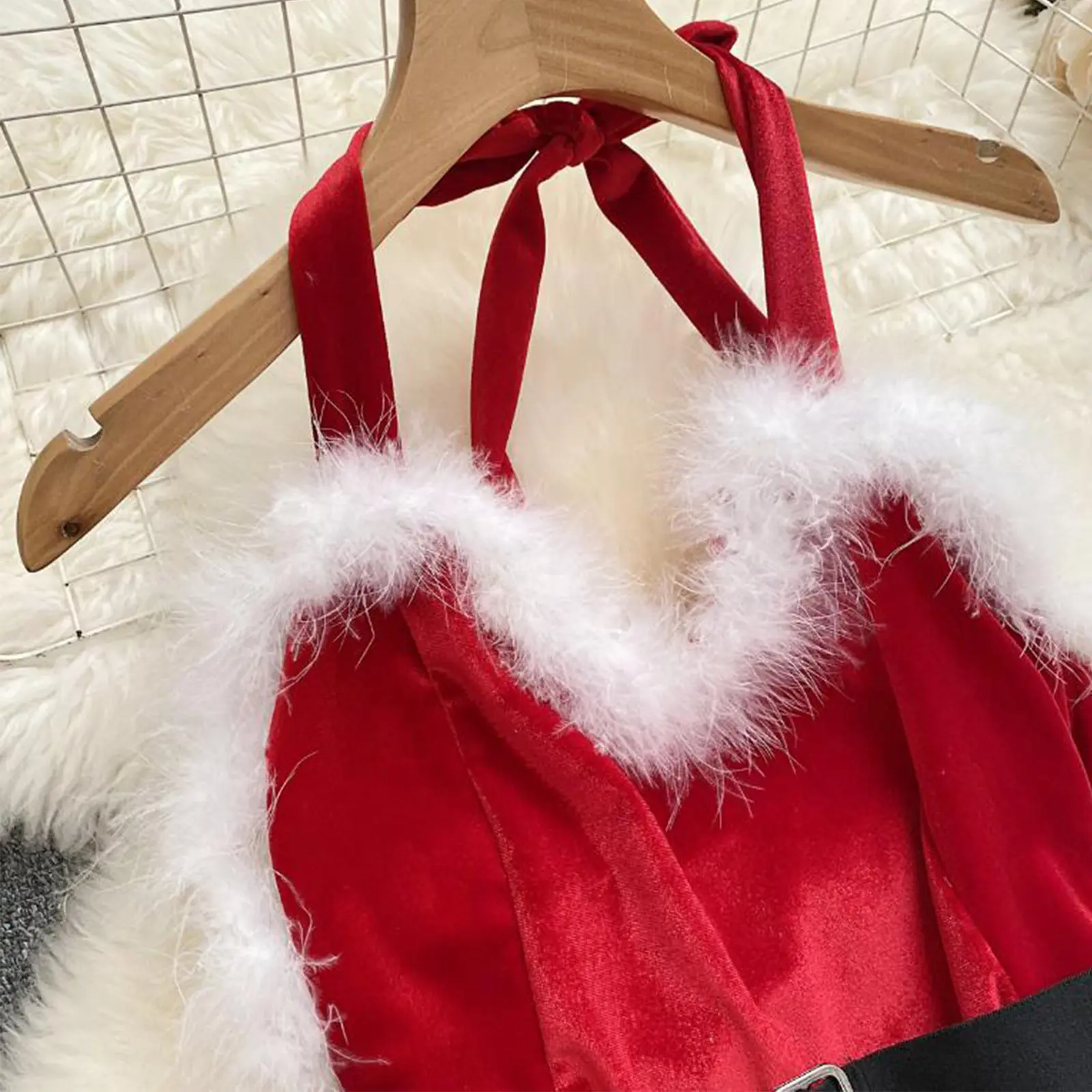 Combhasaki Women's Christmas Cosplay Costume Slim Lingerie Rompers Oneseies Feather Trim Backless Jumpsuits Playsuits with Belt