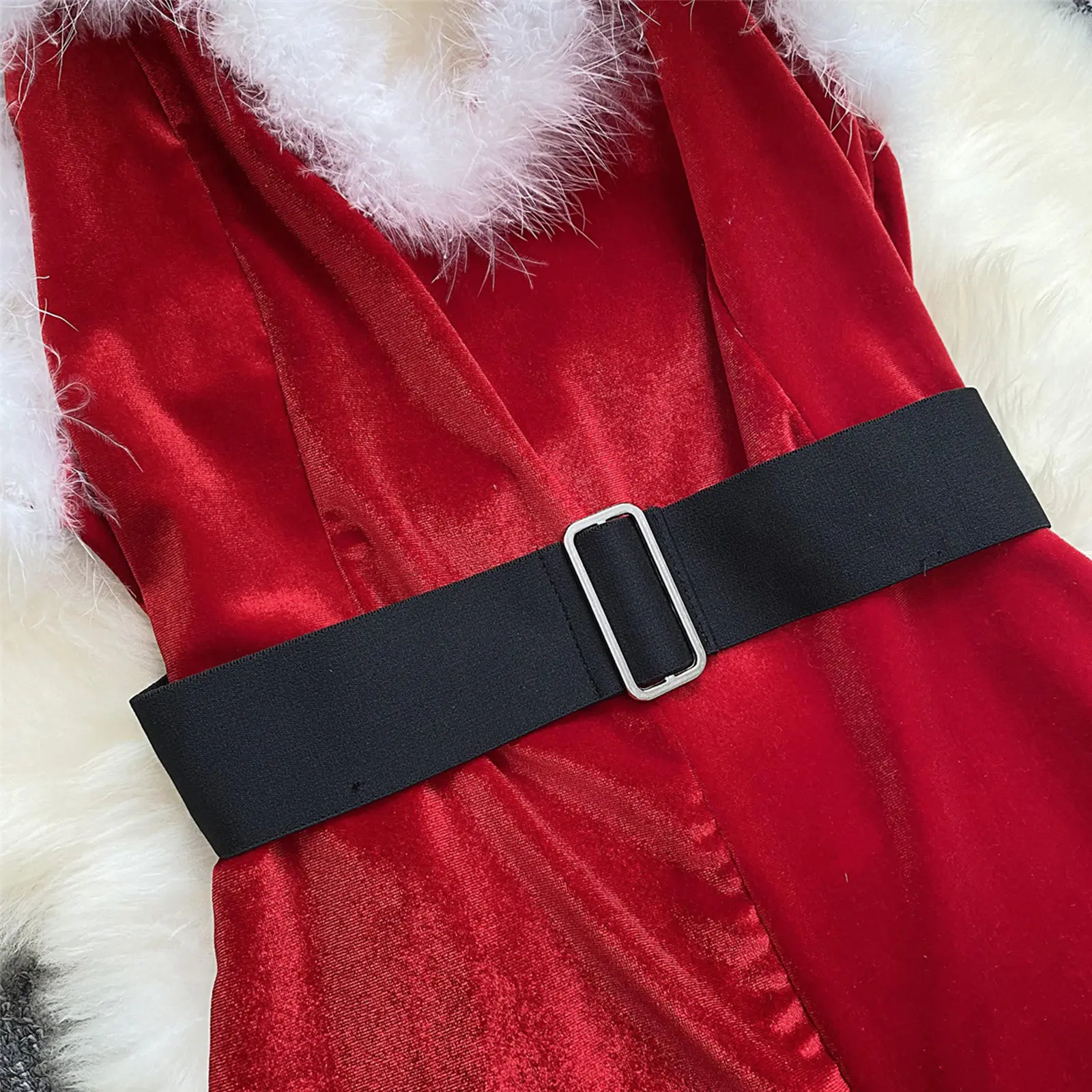 Combhasaki Women's Christmas Cosplay Costume Slim Lingerie Rompers Oneseies Feather Trim Backless Jumpsuits Playsuits with Belt