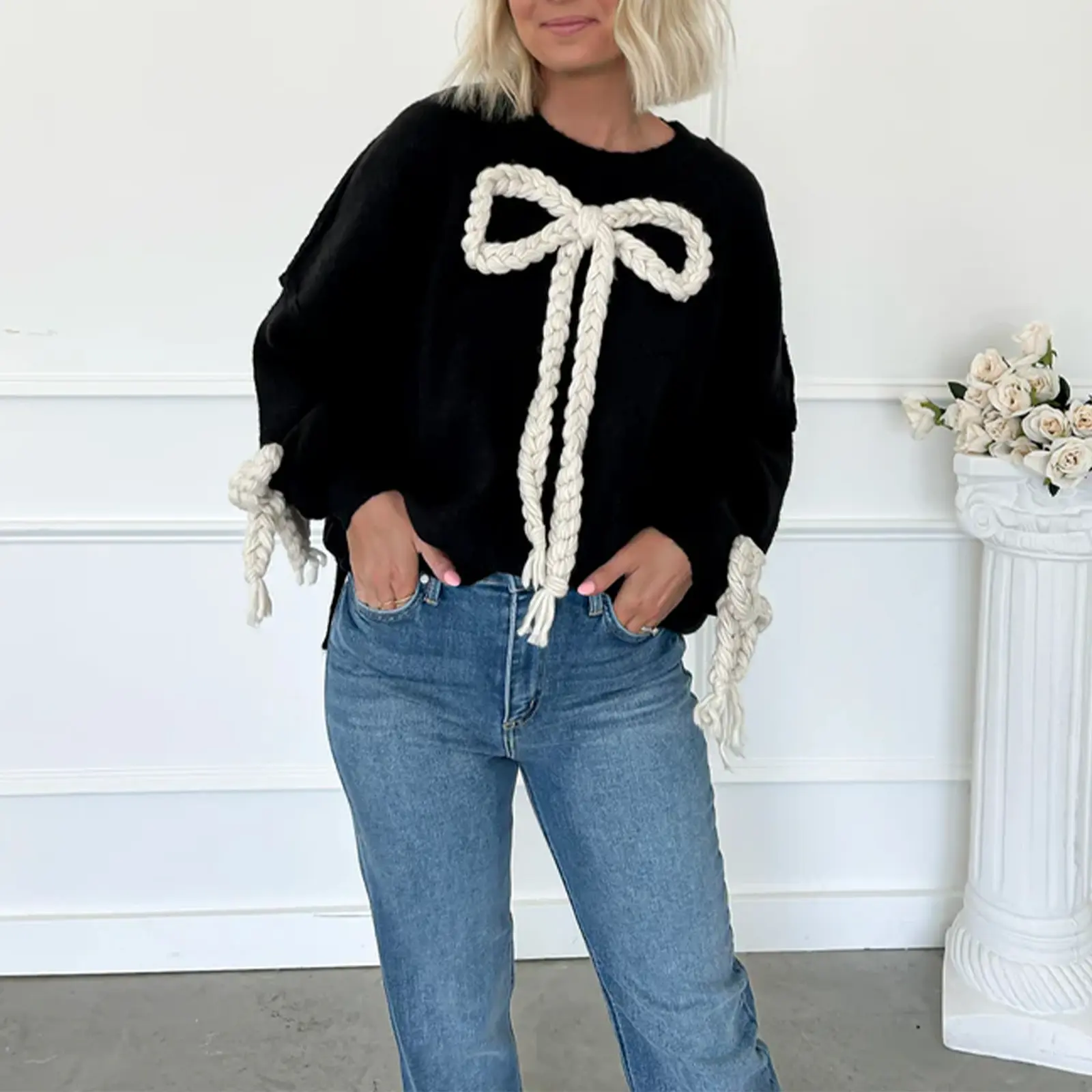 Combhasaki Women's Y2K Cute Kawaii 3D Bow Decor Loose Fit Sweaters Crew Neck Long Sleeve Pullover Knitted Tops Casual Streetwear