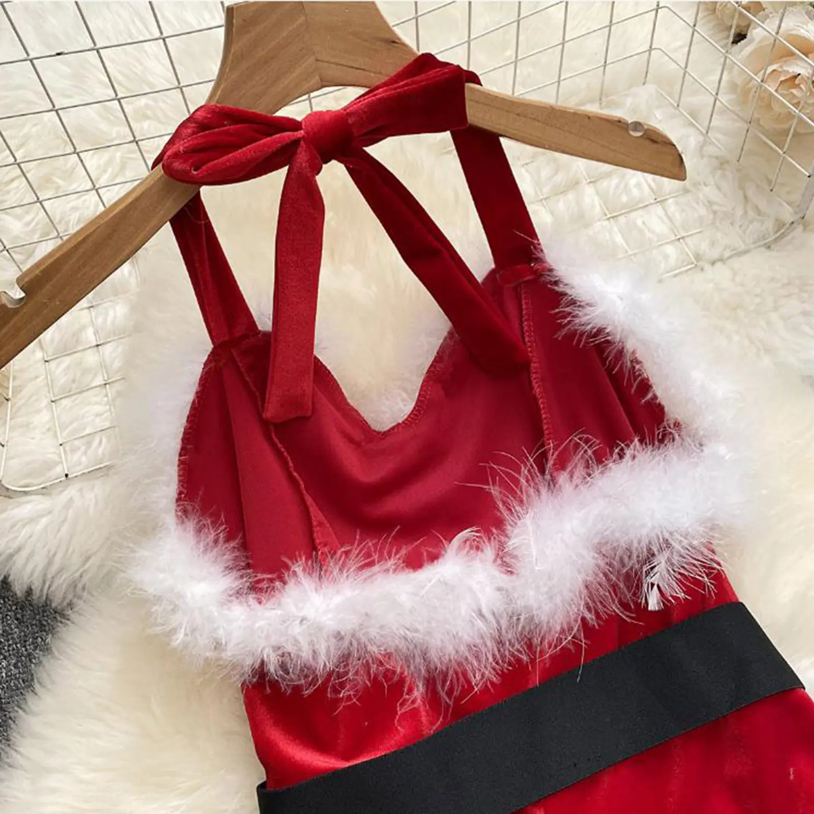 Combhasaki Women's Christmas Cosplay Costume Slim Lingerie Rompers Oneseies Feather Trim Backless Jumpsuits Playsuits with Belt