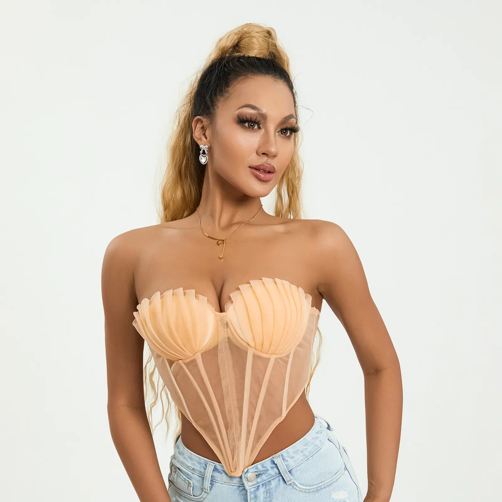 Combhasaki Women's Strapless Backless Lace-up Bandage Pleated Shell Bra Shapewear Irregular Hem Summer Perspective Corset Vest